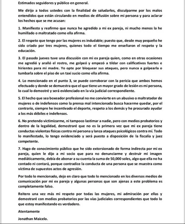 Jonathan Maicelo niega agresión contra Samantha Batallanos y la acusa de extorsión / Instagram