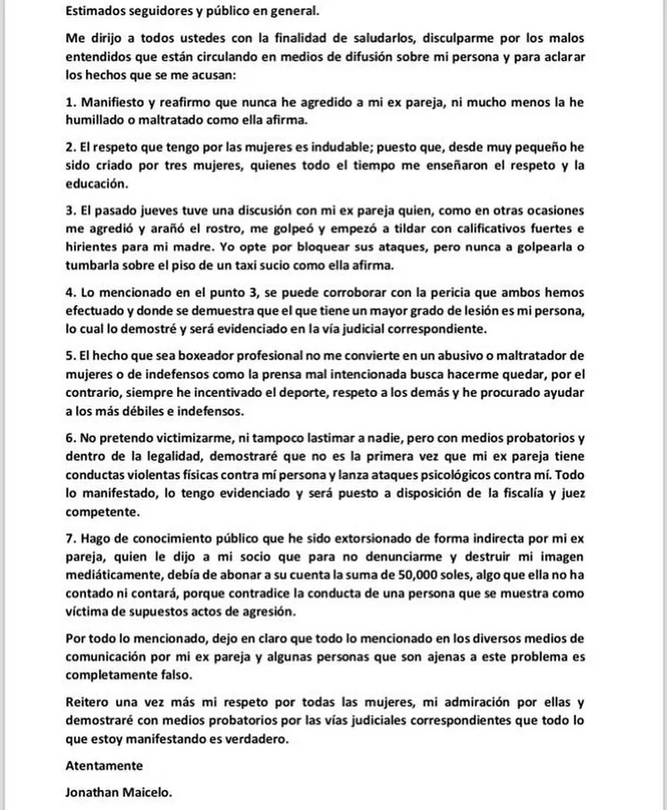 Jonathan Maicelo niega agresión contra Samantha Batallanos y la acusa de extorsión / Instagram