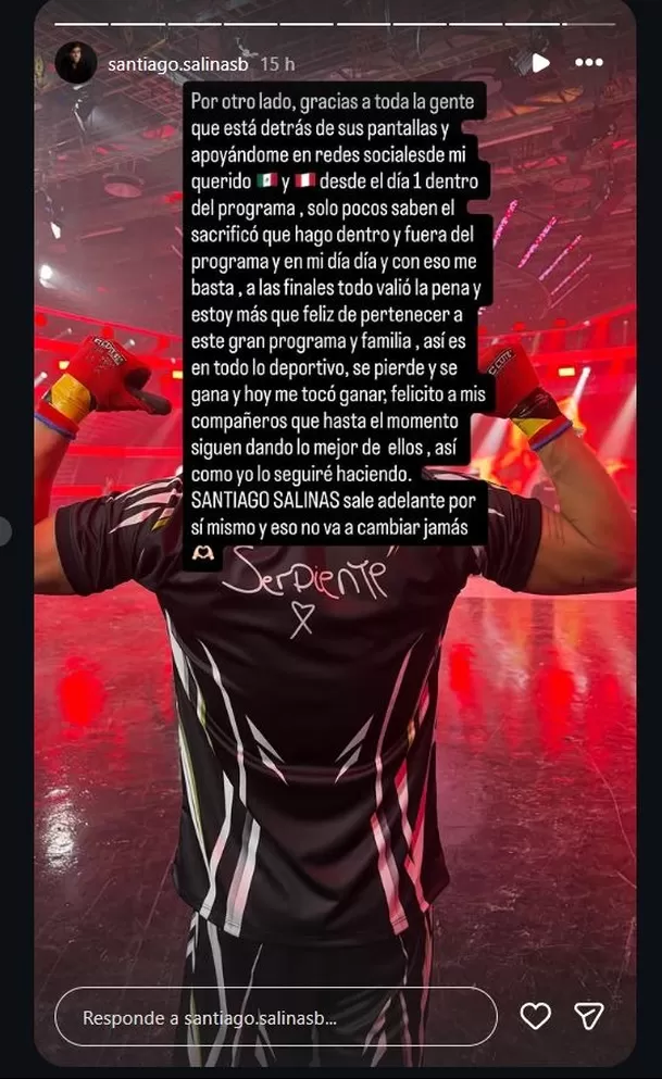 El nuevo guerrero utilizó sus redes sociales para responder luego de que Piero asegurara que su ascenso en EEG se debía a ser hijo del actor Jorge Salinas. El competidor destacó el esfuerzo que realiza dentro y fuera del programa. Foto: Instagram @santiagosalinas