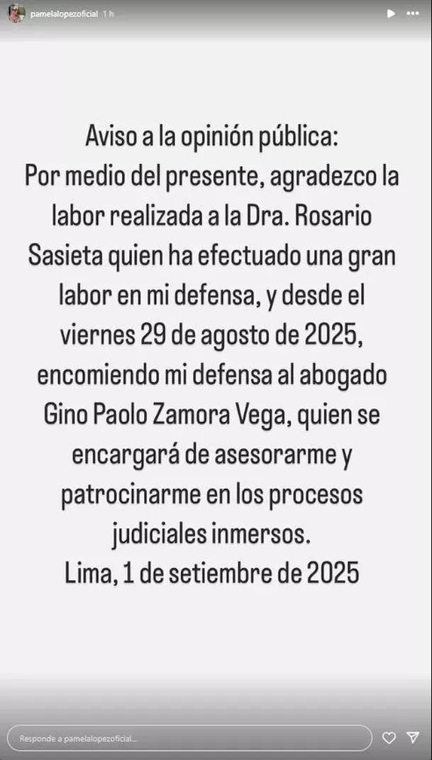 Comunicado de Pamela López. Fuente: Instagram