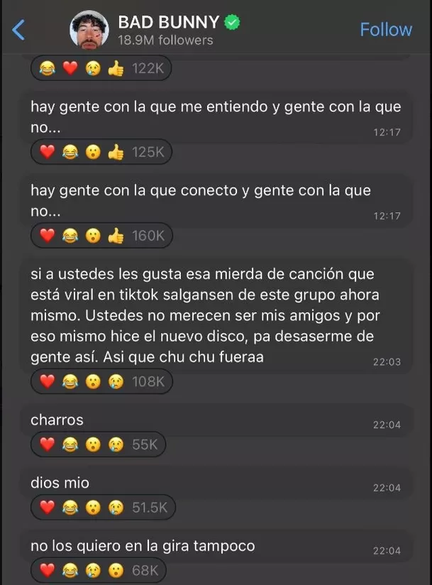 La iracunda reacción de Bad Bunny por tema viral creado con IA/Foto: WhatsApp