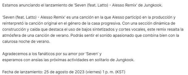 Anuncio de BIGHIT MUSIC sobre el remix. Captura de pantalla: Weverse