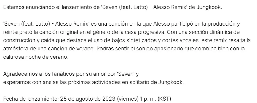 Anuncio de BIGHIT MUSIC sobre el remix. Captura de pantalla: Weverse