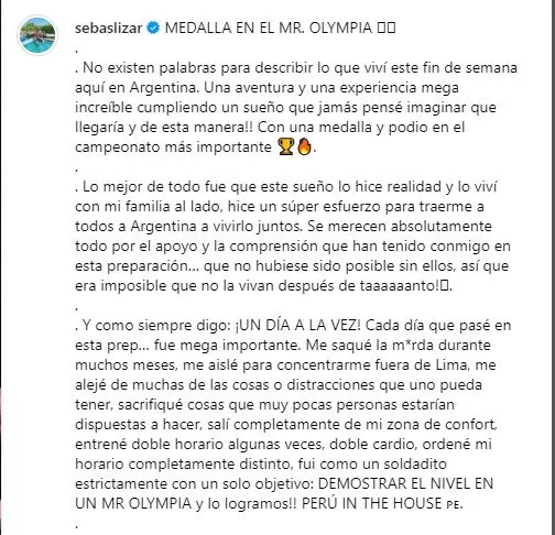 Mensajde Sebastián Liazarzaburu tras obtener una medalla en el 'Mr. Olympia'/Foto: Instagram