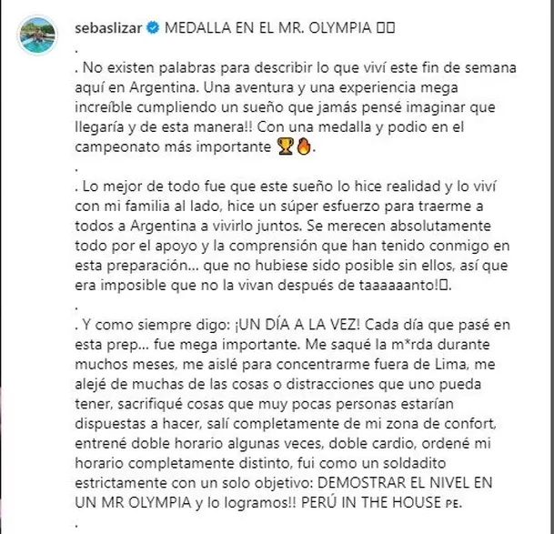 Mensajde Sebastián Liazarzaburu tras obtener una medalla en el 'Mr. Olympia'/Foto: Instagram