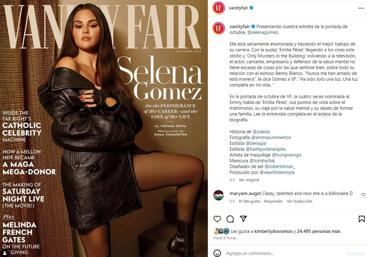 Selena Gómez concedió una entrevista a la revista Vanity Fair / Instagram