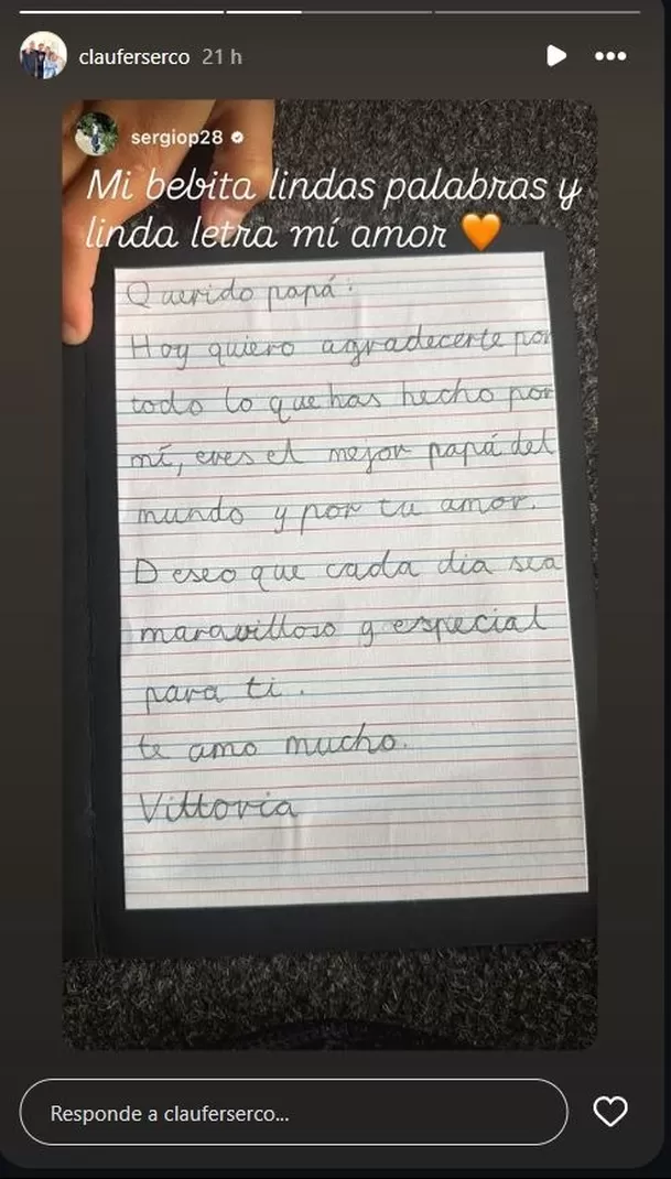 La pequeña Vittoria sorprendió a Sergio Peña con una carta escrita a mano por el Día del Padre Video: Instagram @clauferserco La pequeña Vittoria sorprendió a Sergio Peña con una carta escrita a mano por el Día del Padre Video: Instagram @clauferserco