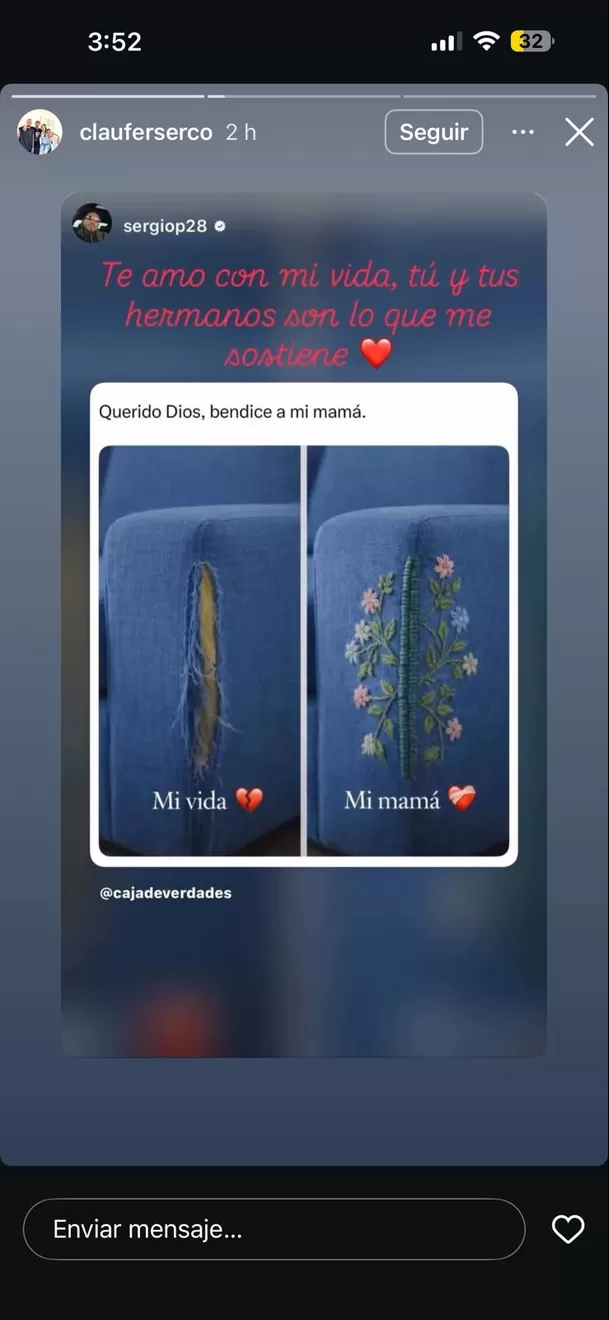 Sergio Peña compartió un mensaje dedicado a su mamá por el 14 de febrero y lo hizo público en sus redes sociales. Foto: Instagram