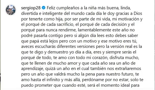 Mensaje de Sergio Peña dedicado a su hija Vittoria por sus cinco años en Instagram/Foto: Instagram