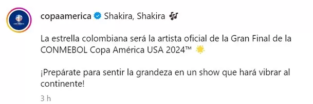 Mensaje de Copa América confirmando que Shakira cantará en la ceremonia de clausura/Foto: Instagram Mensaje de Copa América confirmando que Shakira cantará en la ceremonia de clausura/Foto: Instagram