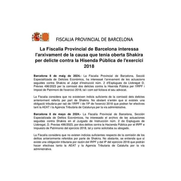 El último miércoles 8 de mayo, la Fiscalía de Barcelona pidió archivar el juicio que lleva Shakira por el delito de Fraude Fiscal/Foto: Instagram 