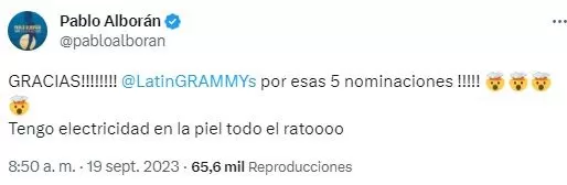 Pablo Alborán emocionado en Twitter tras sus cinco nominaciones al Latin Grammy 2023 