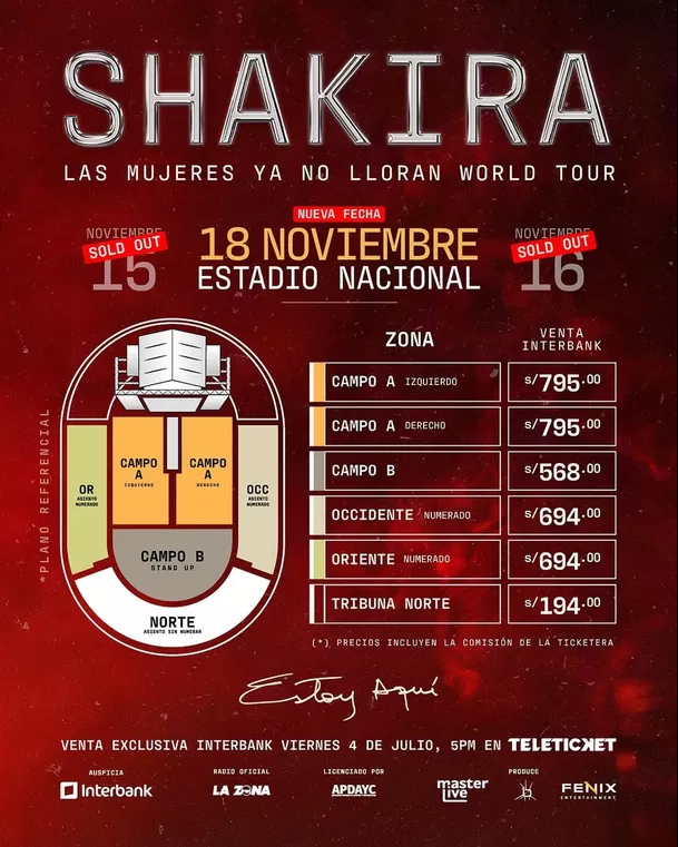 Precios de entradas para el tercer concierto de Shakira en Lima para noviembre de 2025 / Instagram Precios de entradas para el tercer concierto de Shakira en Lima para noviembre de 2025 / Instagram