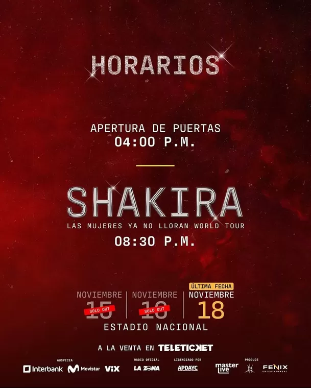 Horario del concierto de Shakira en el Estadio Nacional / Instagram Horario del concierto de Shakira en el Estadio Nacional / Instagram