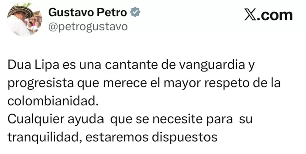 El presidente de Colombia, Gustavo Petro, se pronuncia tras acoso a Dua Lipa / X El presidente de Colombia, Gustavo Petro, se pronuncia tras acoso a Dua Lipa / X