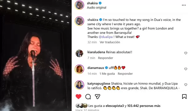 Shakira agradece a Dua Lipa por homenaje durante concierto en Colombia / Instagram Shakira agradece a Dua Lipa por homenaje durante concierto en Colombia / Instagram