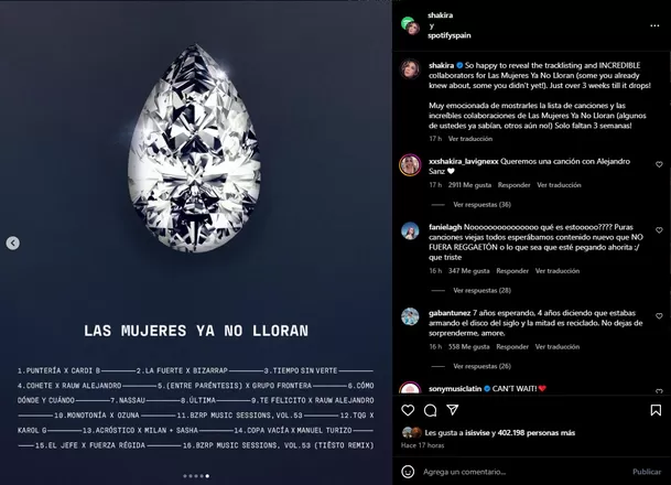 Shakira reveló las canciones de su álbum Las mujeres ya no lloran. Foto: Instagram