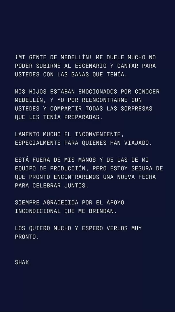 Shakira se pronunció tras cancelar concierto en Medellín / Instagram Shakira se pronunció tras cancelar concierto en Medellín / Instagram