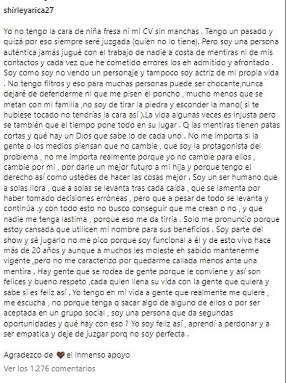 Shirley Arica se defendió tras ser expulsada de Telemundo: “Nunca dejaré que se metan con mi familia”