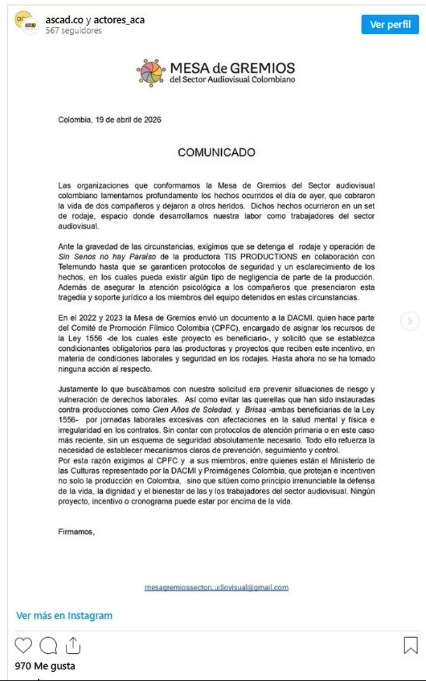 La Mesa de Gremios del Sector Audiovisual Colombiano solicita paralizar la producción de TIS Productions y Telemundo hasta esclarecer los hechos. Foto: Instagram