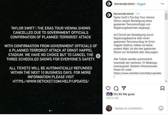 Taylor Swift tuvo que cancelar sus tres conciertos en Viena / Instagram