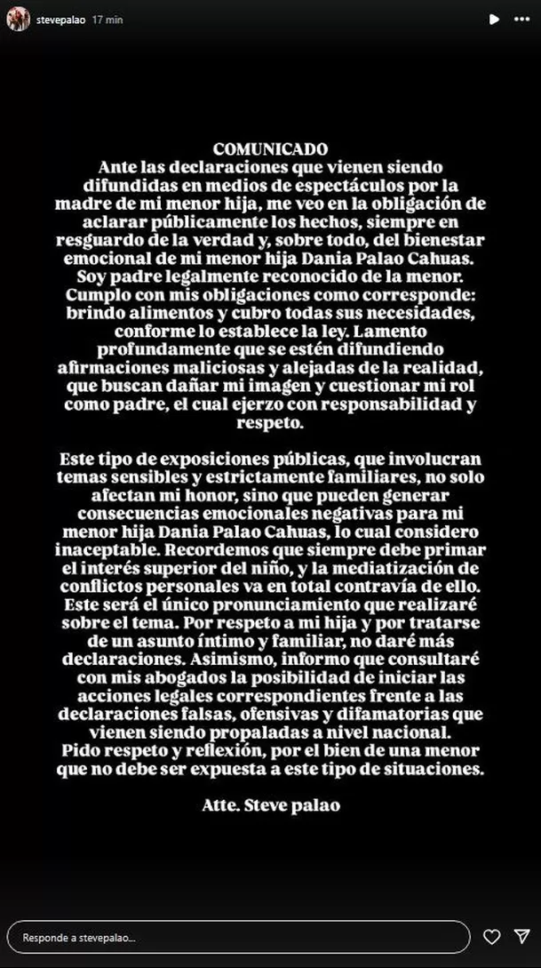 Comunicado de Steve Palao tras acusación de expareja. Fuente: Instagram Comunicado de Steve Palao tras acusación de expareja. Fuente: Instagram