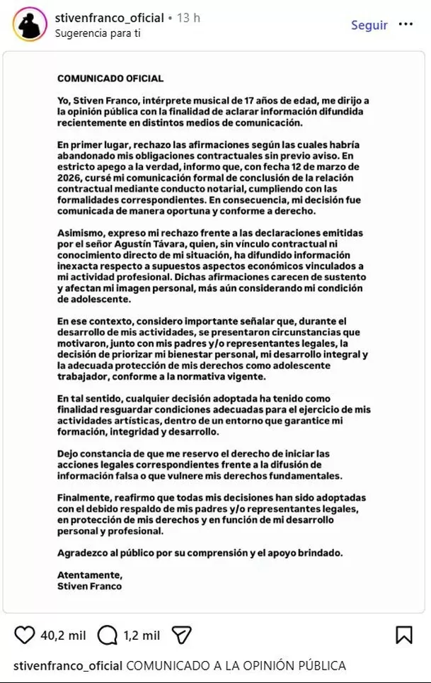 Stiven Franco sostiene que sí comunicó su decisión con anticipación. Foto: Instagram