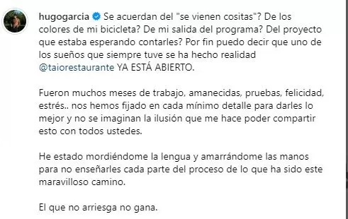 Hugo garcía realizó el anuncio oficial de su nuevo emprendimiento en Instagram / Foto: IG Hugo García