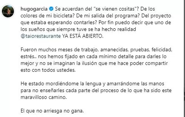 Hugo garcía realizó el anuncio oficial de su nuevo emprendimiento en Instagram / Foto: IG Hugo García