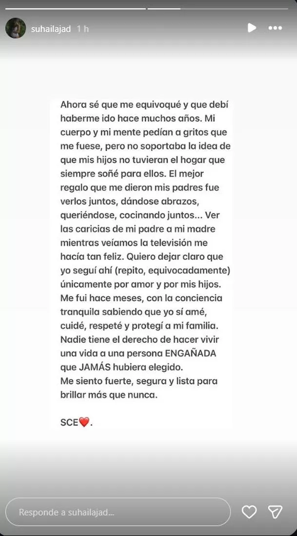 A través de su cuenta oficial de Instagram, Suhaila publicó un extenso y desgarrador descargo donde confirma su separación definitiva del futbolista peruano. Foto: Instagram Video: TikTok @riclatorrez