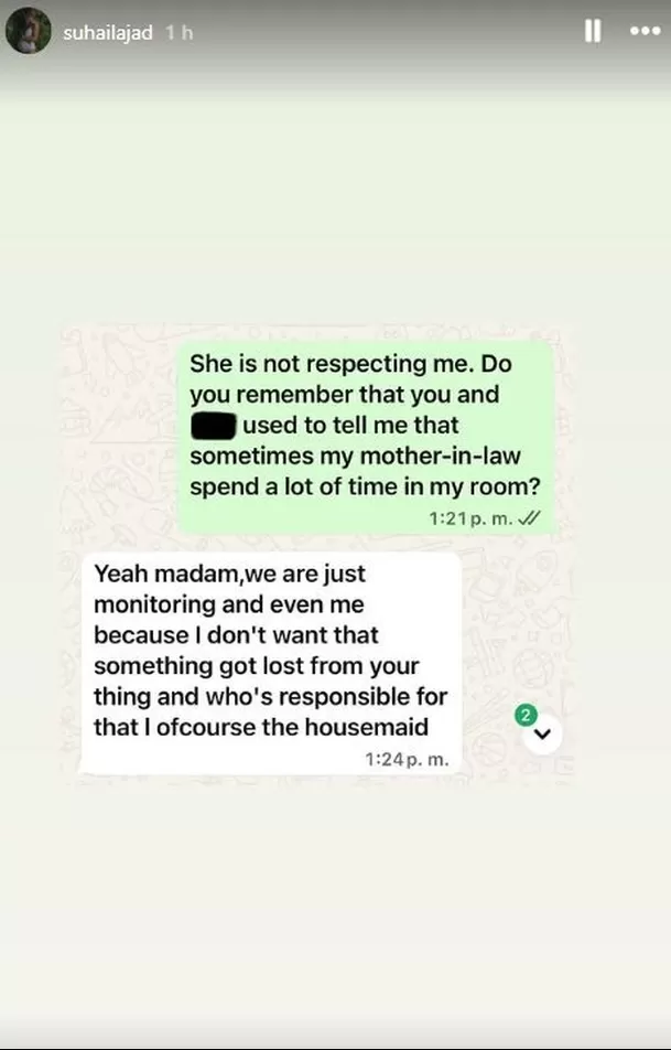 Suhaila Jad muestra chats con su extrabajadora del hogar / IG: @suhailaja Suhaila Jad muestra chats con su extrabajadora del hogar / IG: @suhailaja