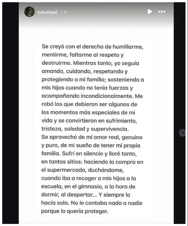 Suhaila Jad confirma ruptura con André Carrillo: “Me destruiste” / IG: @suhailajad