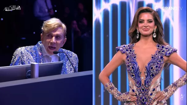 Suheyn Cipriani recibe puntaje por su desfile en traje de gala en final del Miss Grand International All Stars 2026 / Captura / GRANDTV Suheyn Cipriani recibe puntaje por su desfile en traje de gala en final del Miss Grand International All Stars 2026 / Captura / GRANDTV