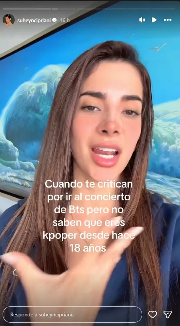 Suheyn Cipriani contó que sigue el K-pop desde hace años y compartió su preparación para concierto de BTS/ Captura IG Suheyn Cipriani contó que sigue el K-pop desde hace años y compartió su preparación para concierto de BTS/ Captura IG