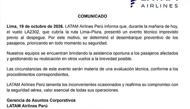 Comunicado de Latam Airlines tras incendio en avión / Canal N Comunicado de Latam Airlines tras incendio en avión / Canal N