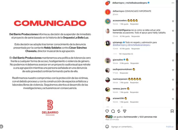 Del Barrio Producciones suspendió la serie de La Bella Luz luego de que Naldy Saldaña denunciara al director musical César Sánchez Chavesta por presuntos tocamientos indebidos. Video: Instagram Del Barrio Producciones suspendió la serie de La Bella Luz luego de que Naldy Saldaña denunciara al director musical César Sánchez Chavesta por presuntos tocamientos indebidos. Video: Instagram