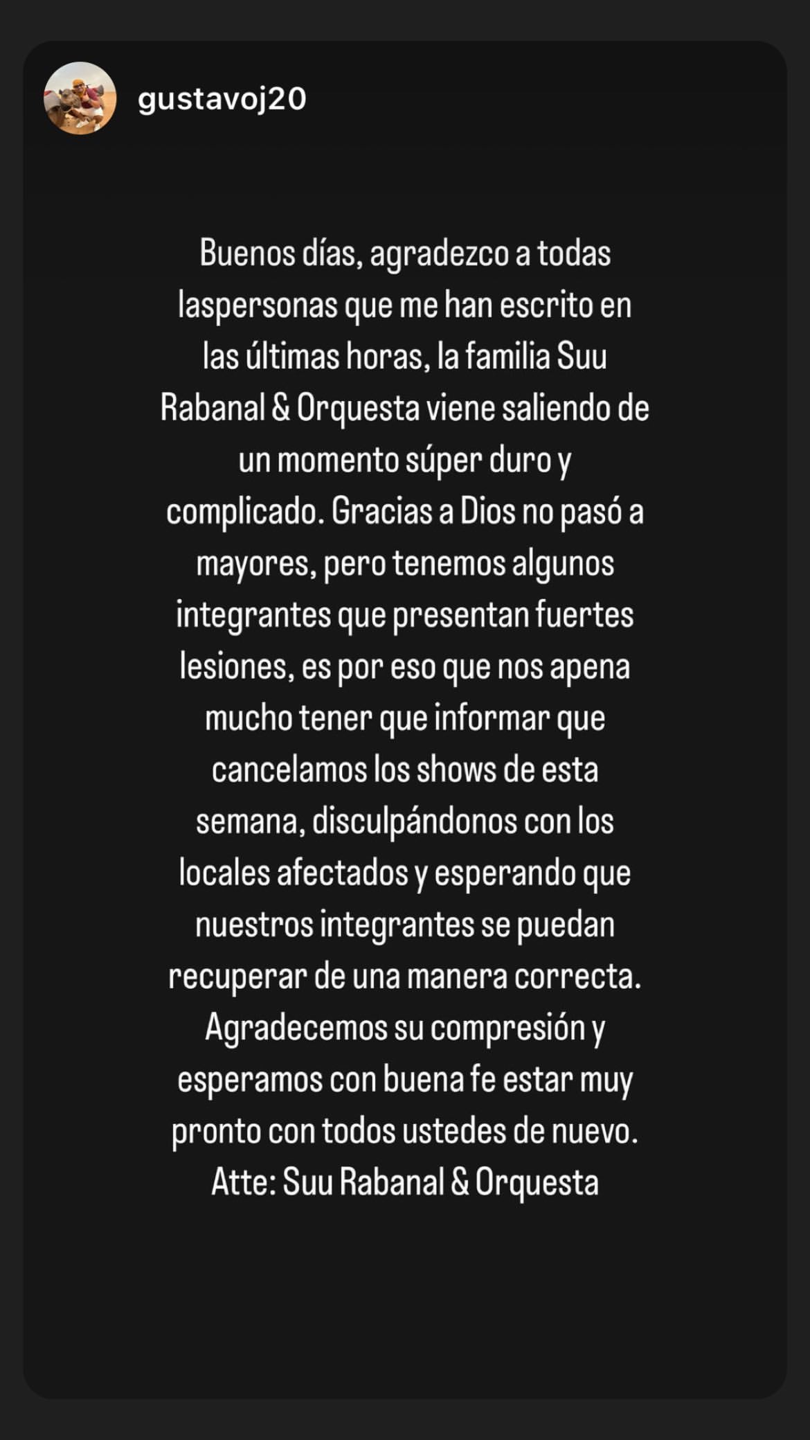 Suu Rabanal y orquesta sufrieron accidente. Foto: Instagram