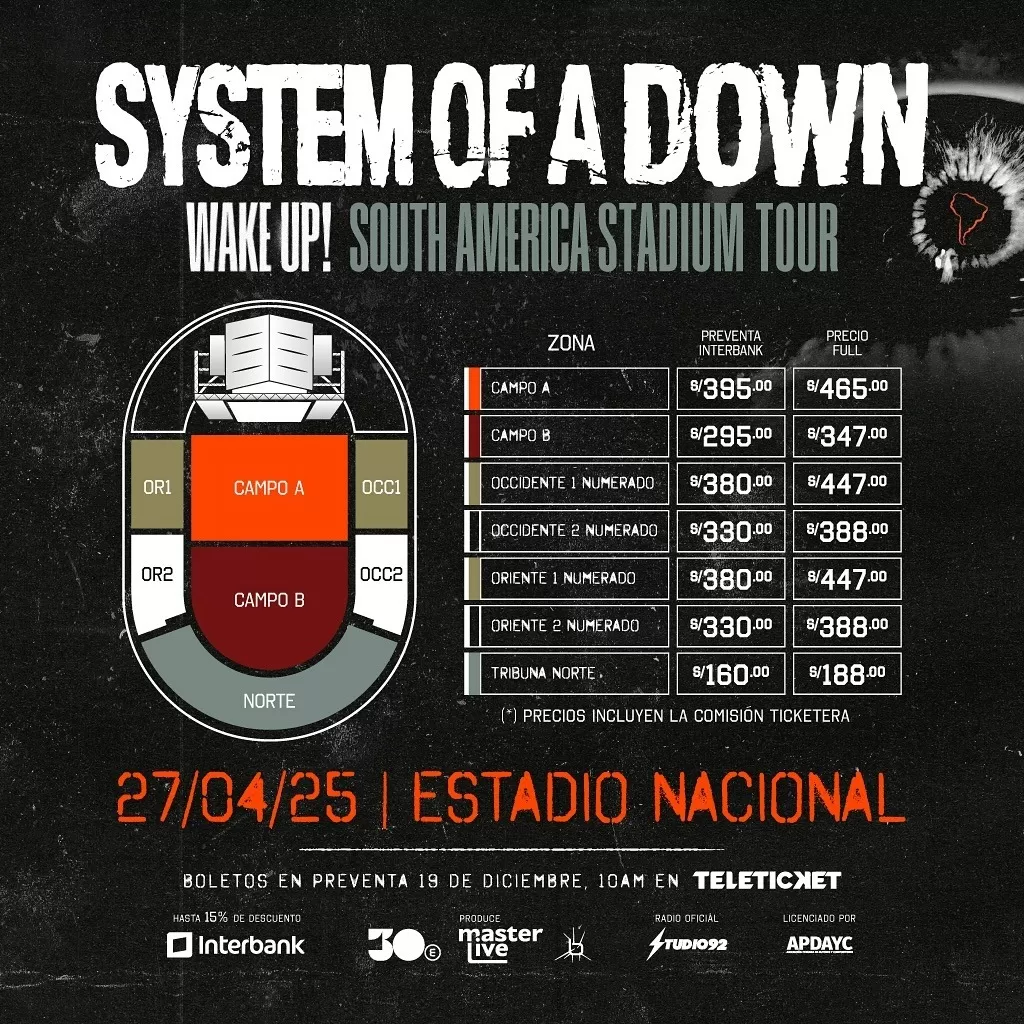 Precios de las entradas para System Of a Down en Lima / Masterlive Perú Precios de las entradas para System Of a Down en Lima / Masterlive Perú