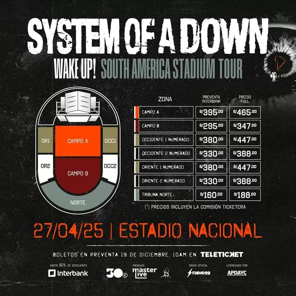 Precios de las entradas para System Of a Down en Lima / Masterlive Perú