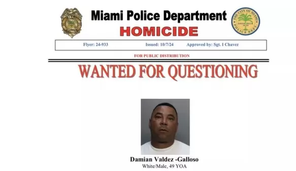 La policía de Miami compartió la imagen de Damián Valdéz-Galloso, considerado "persona de interés" en el caso / Miami Police Deparment