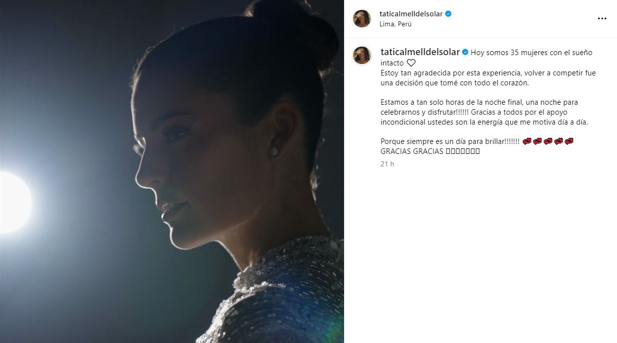Tatiana Calmell se pronunció con un emotivo mensaje  horas antes de ser coronada como Miss Perú 2024/Foto: Instagram