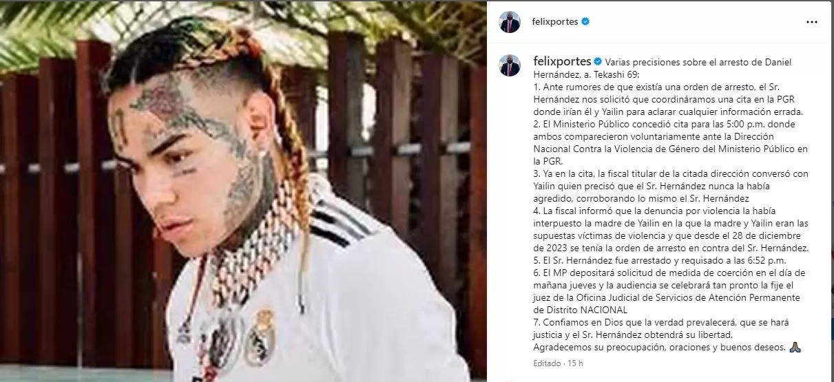 Comunicado de Félix Portes, abogado defensor de Tekashi 69/Foto: Instagram