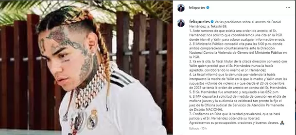 Comunicado de Félix Portes, abogado defensor de Tekashi 69/Foto: Instagram