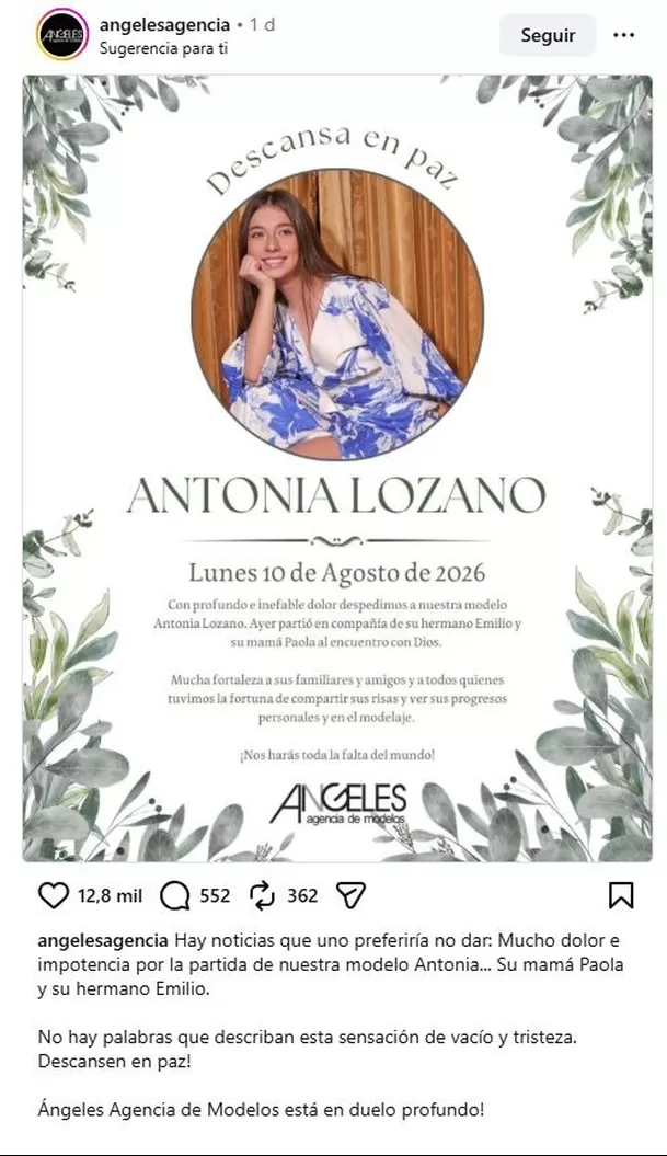 Reconocida agencia de modelos comunicó públicamente el fallecimiento. Foto: IG @angelesagencia Reconocida agencia de modelos comunicó públicamente el fallecimiento. Foto: IG @angelesagencia