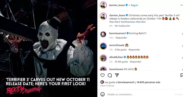 'Terrifier 3' adelantó su estreno en cines / Instagram 'Terrifier 3' adelantó su estreno en cines / Instagram