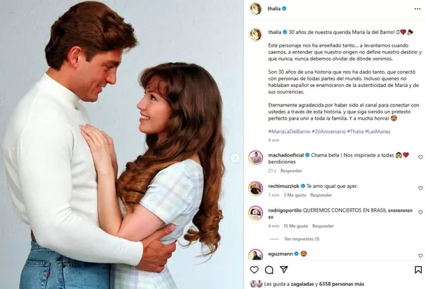 Thalía y Fernando Colunga protagonizaron la exitosa novela 'María la del barrio' en los años 90 / Instagram