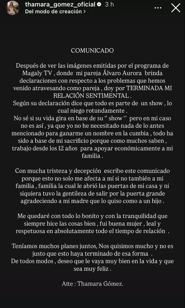 Comunicado de Thamara Gómez sobre el fin de su relación con Álvaro Aurora / Instagram Comunicado de Thamara Gómez sobre el fin de su relación con Álvaro Aurora / Instagram