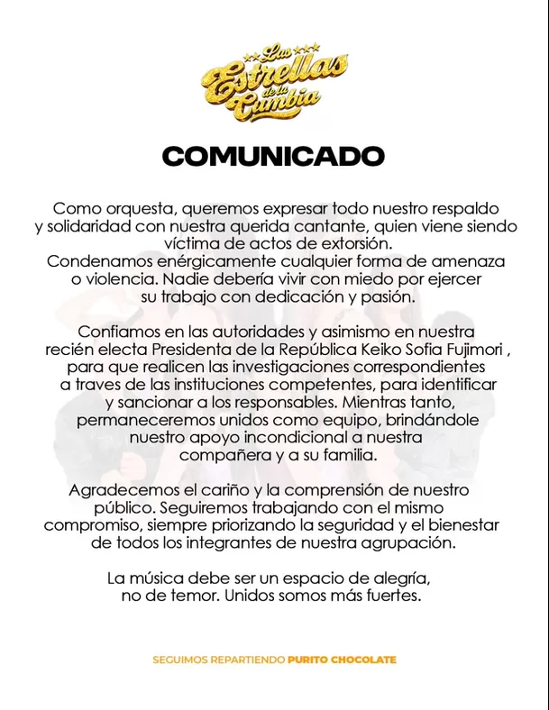 Comunicado de 'Las Estrellas de la Cumbia' tras amenazas contra Thamara Gómez / IG: @lasestrellasdelacumbiaoficial Comunicado de 'Las Estrellas de la Cumbia' tras amenazas contra Thamara Gómez / IG: @lasestrellasdelacumbiaoficial