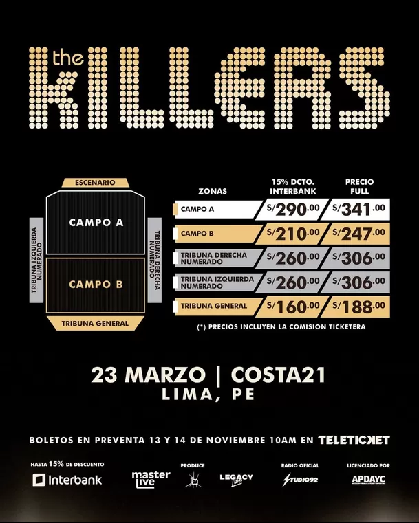 Precios de las entradas para The Killers en Lima en 2026 / Instagram Precios de las entradas para The Killers en Lima en 2026 / Instagram