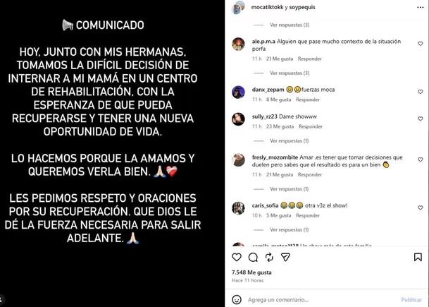La tiktoker Moca sorprendió a sus seguidores al revelar que su mamá ingresó a un centro de rehabilitación debido a sus problemas con el alcohol. La joven explicó que tomó la decisión junto a su hermana y aseguró que lo hizo con la esperanza de que pueda recuperarse. Video: Instagram @mocatiktokk La tiktoker Moca sorprendió a sus seguidores al revelar que su mamá ingresó a un centro de rehabilitación debido a sus problemas con el alcohol. La joven explicó que tomó la decisión junto a su hermana y aseguró que lo hizo con la esperanza de que pueda recuperarse. Video: Instagram @mocatiktokk